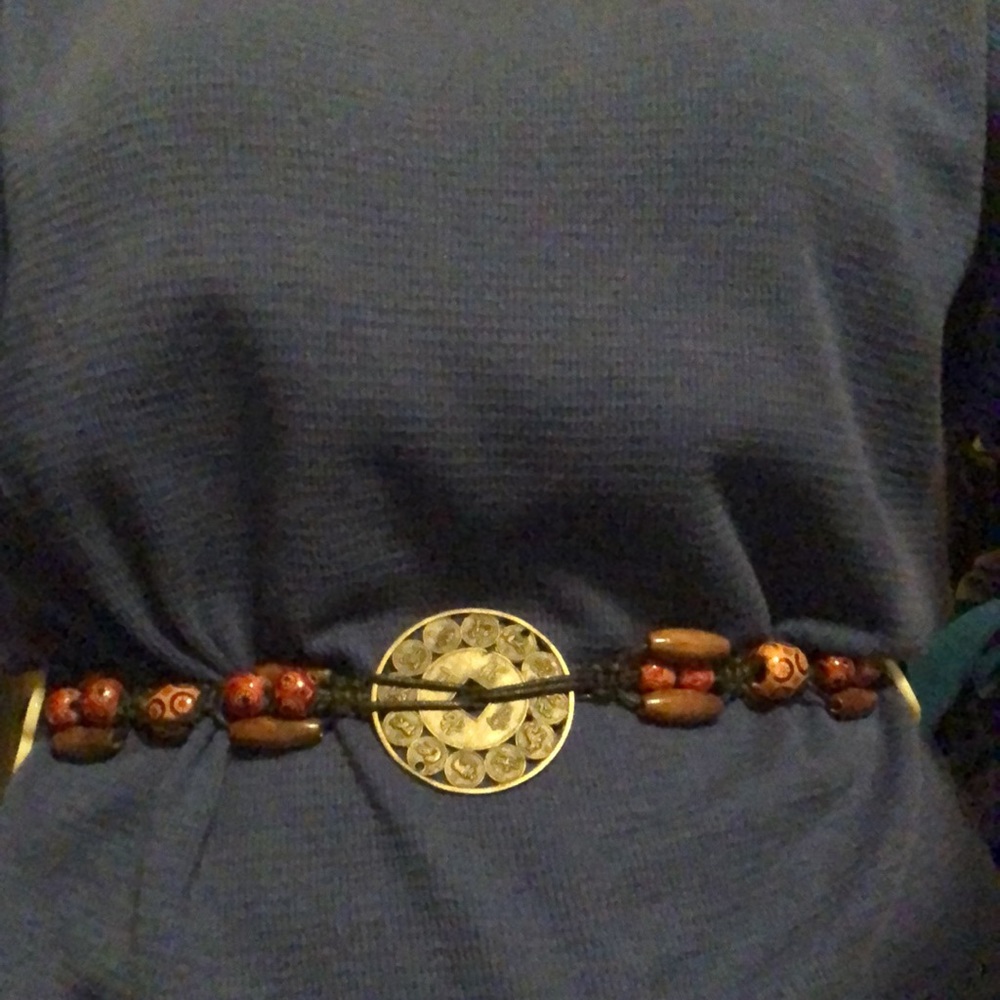 Cosmic connection Belt with wooden beads and mother of pearl looking pieces